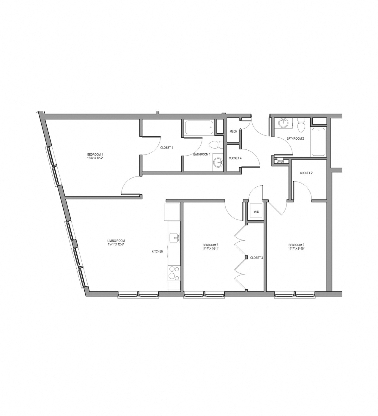 Floor plan for 3 beds, 2 baths, 1196 sqft